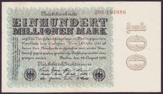 1923 Germany 100 Million Mark (blossoms wmk) L000524